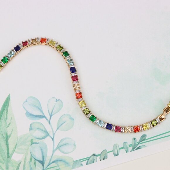 "Rainbow CZ Rose Gold Bracelet with Square Cut Stones, Vibrant Style, XPBL0742 - Picture 3 of 12